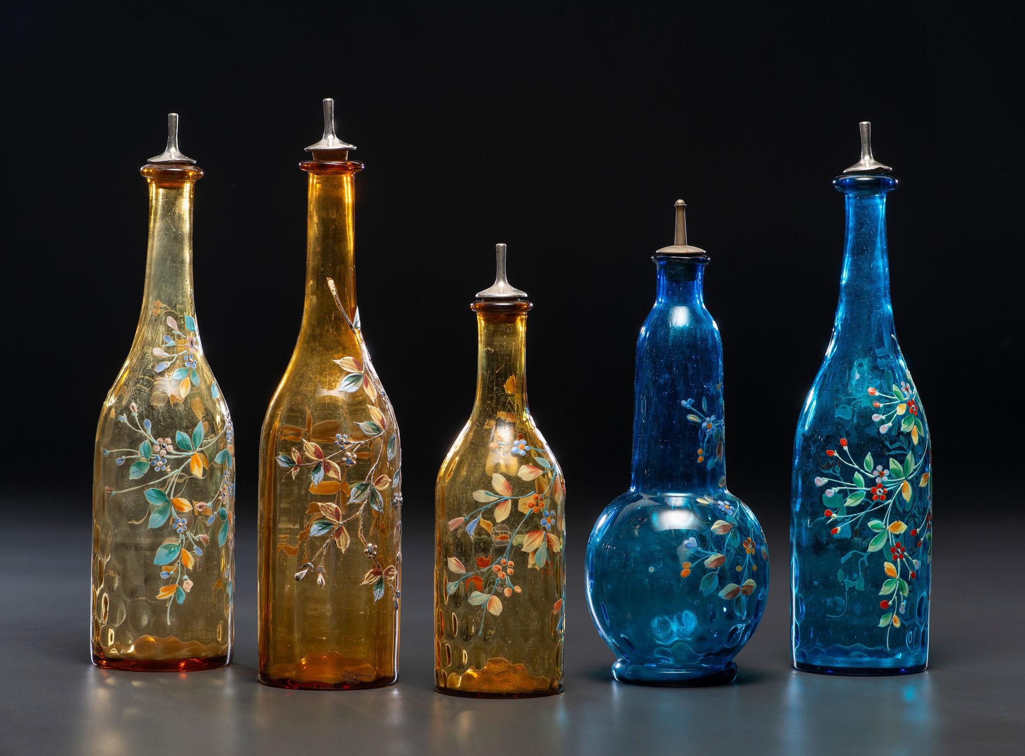 Five Paint and Enamel Decorated Glass Barber Bottles