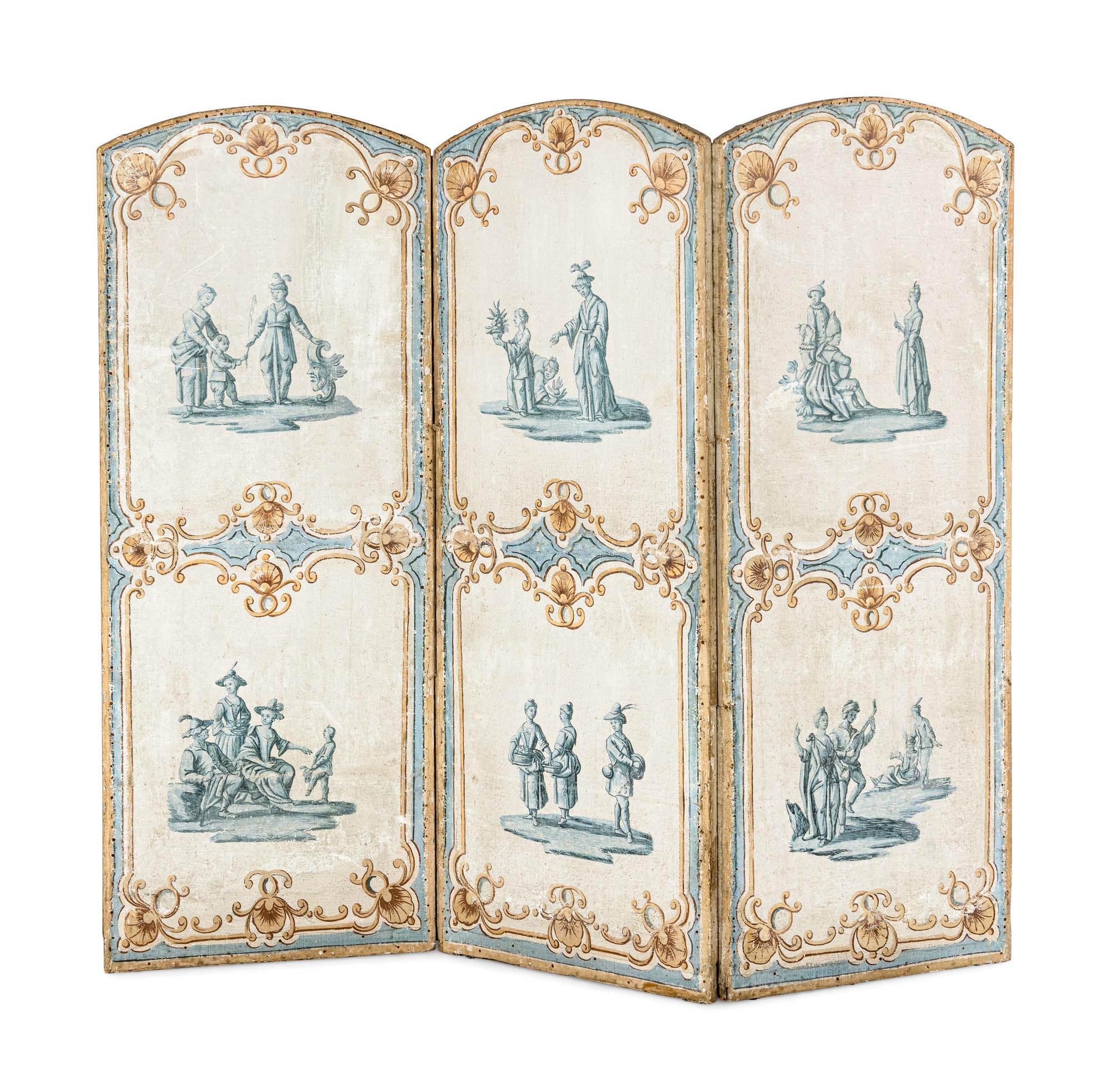A Louis XV Painted Canvas Five-Panel Floor Screen