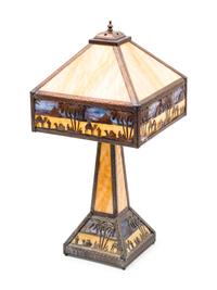 An Egyptian Motif Slag Glass Lamp
