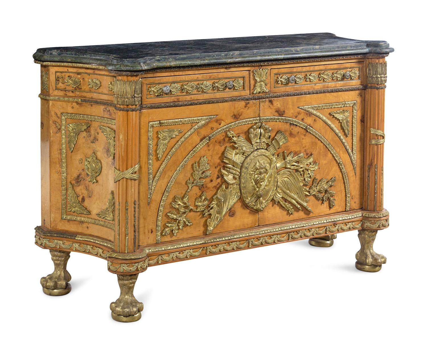A Louis XVI Style Gilt Metal Mounted Marble-Top Commode à Vantaux After the Model by Guillaume Benneman