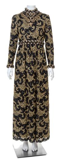 An Oscar de la Renta Black Lace and Gold Gown, No Size.