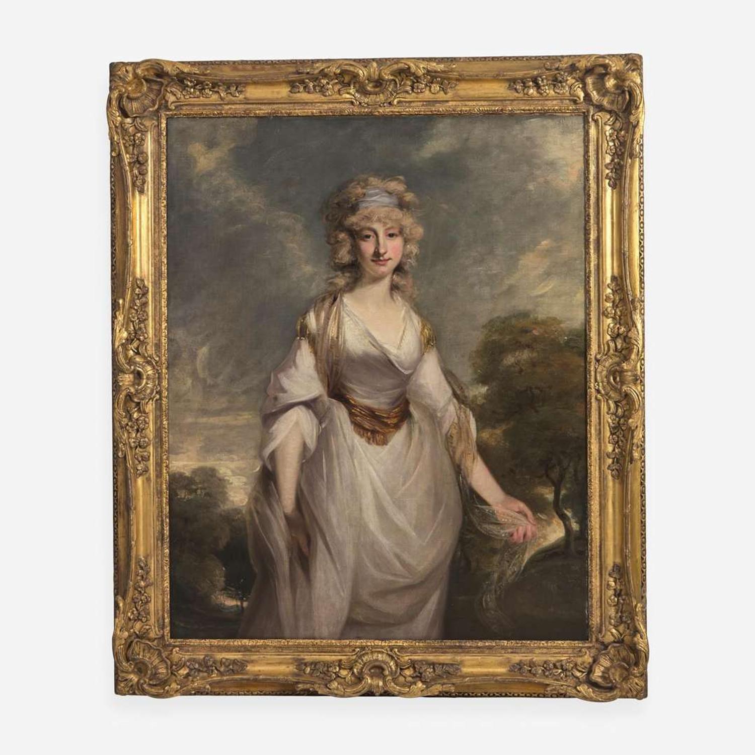 Richard Cosway (British, 1742–1821) Portrait of Lady Almeria Carpenter in a White Dress Against a Landscape