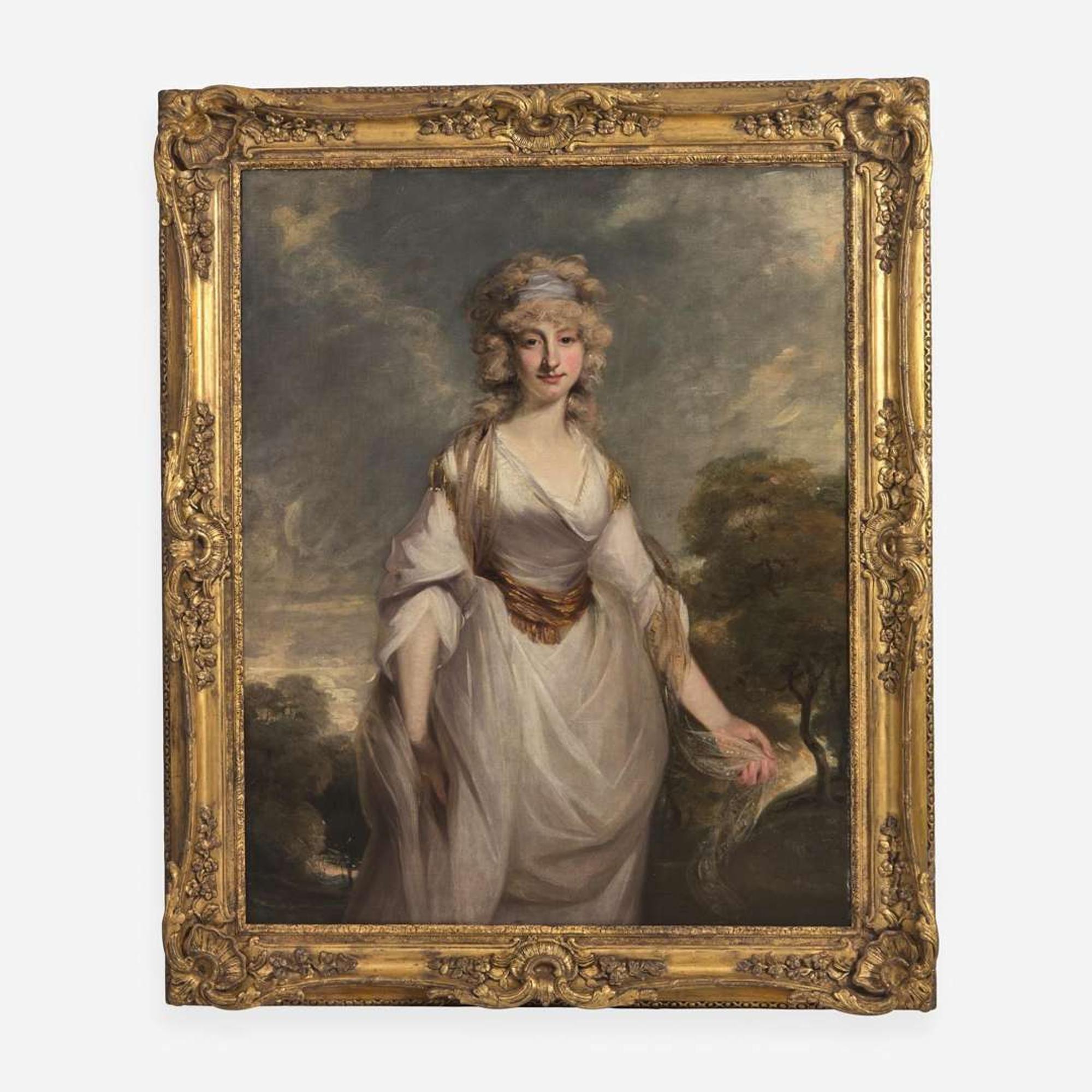 Richard Cosway (British, 1742–1821) Portrait of Lady Almeria Carpenter in a White Dress Against a Landscape