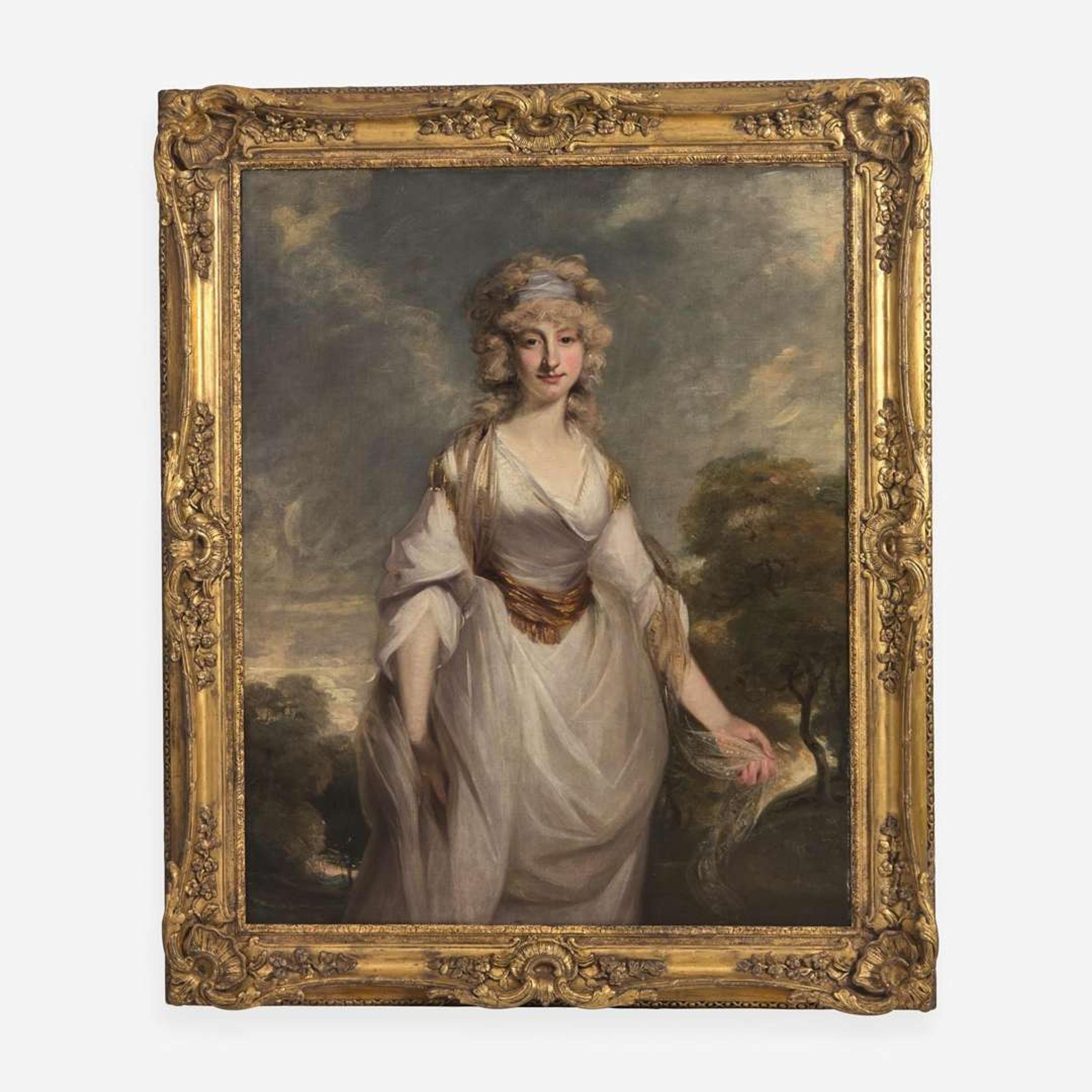 Richard Cosway (British, 1742–1821) Portrait of Lady Almeria Carpenter in a White Dress Against a Landscape