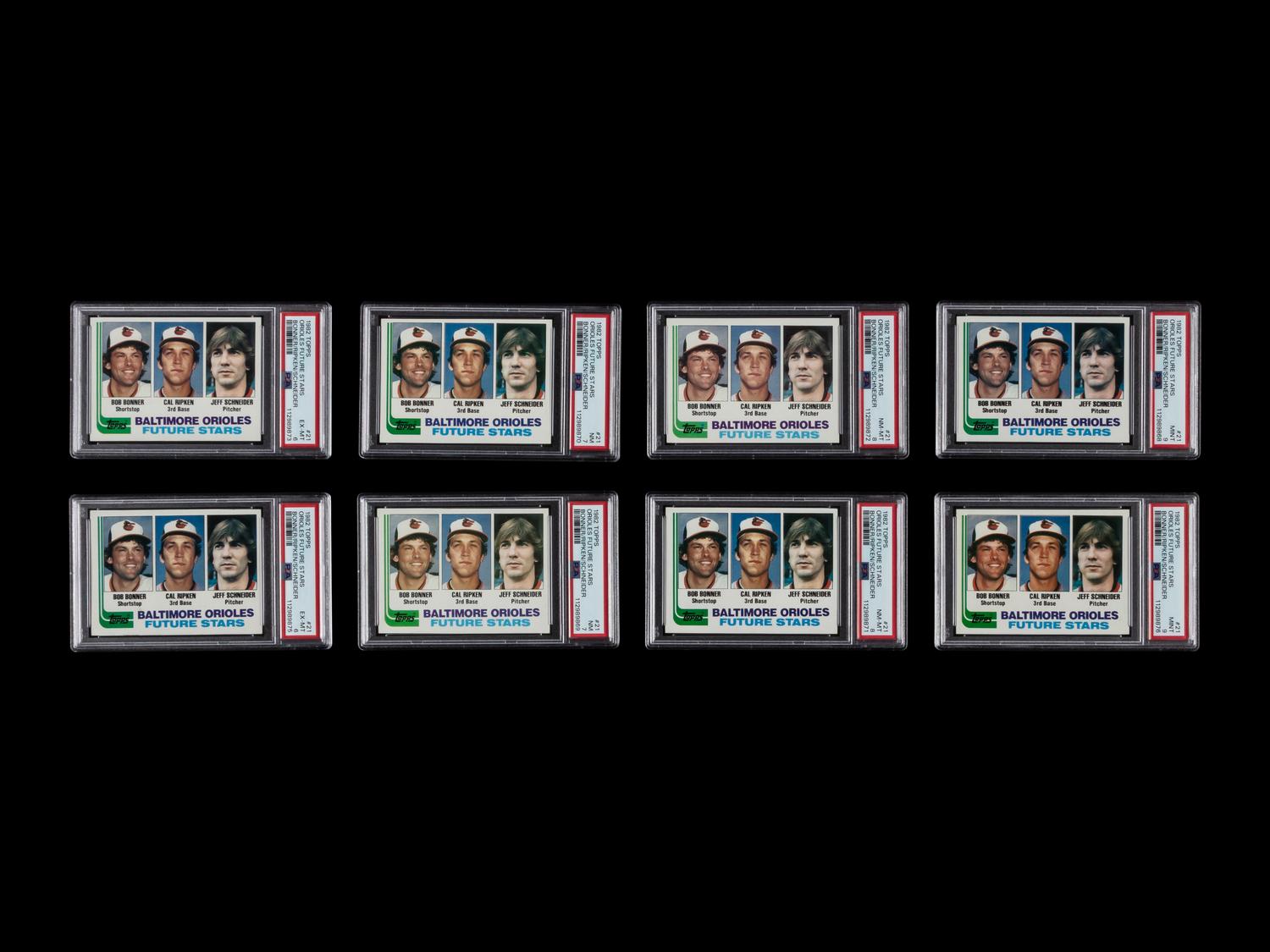 A Collection of Eight 1982 Topps Cal Ripken Jr. Rookie Baseball Cards No. 21 (PSA 9 x2; PSA 8 x2; PSA 7 x2; PSA 6 x2)