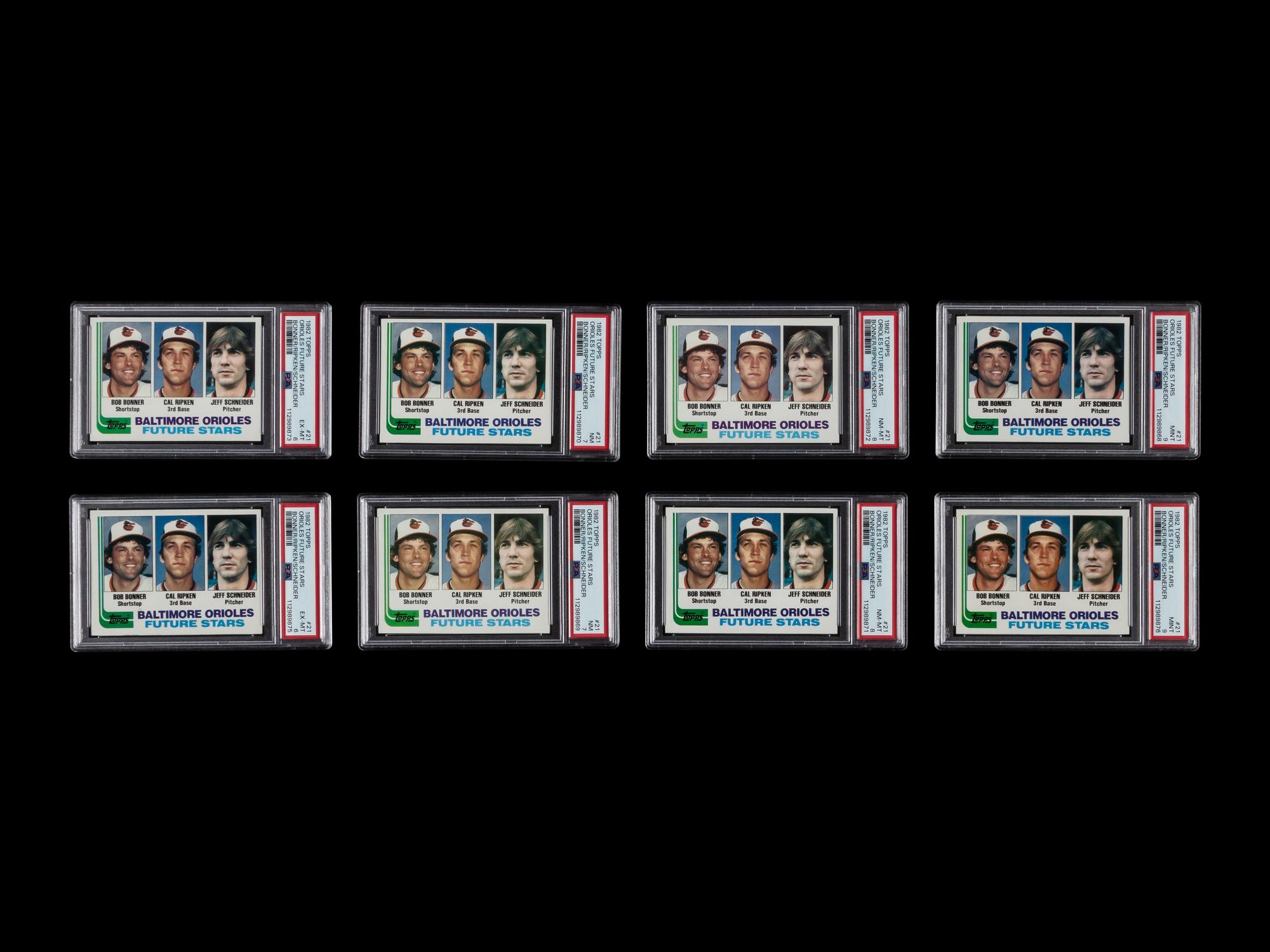 A Collection of Eight 1982 Topps Cal Ripken Jr. Rookie Baseball Cards No. 21 (PSA 9 x2; PSA 8 x2; PSA 7 x2; PSA 6 x2)