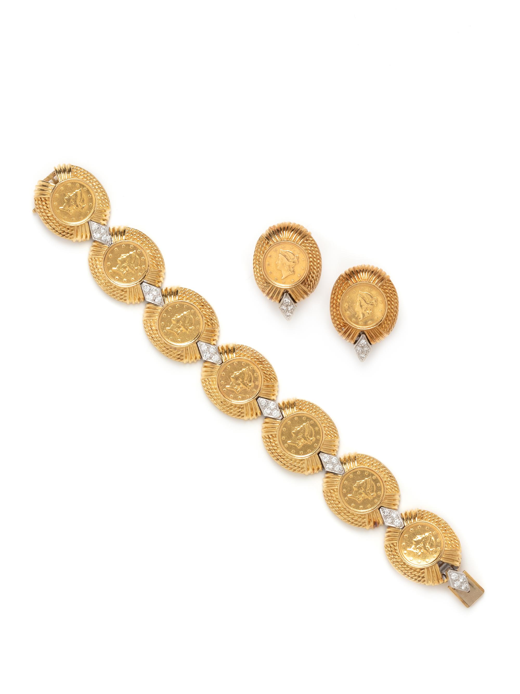 YELLOW GOLD, COIN AND DIAMOND SET