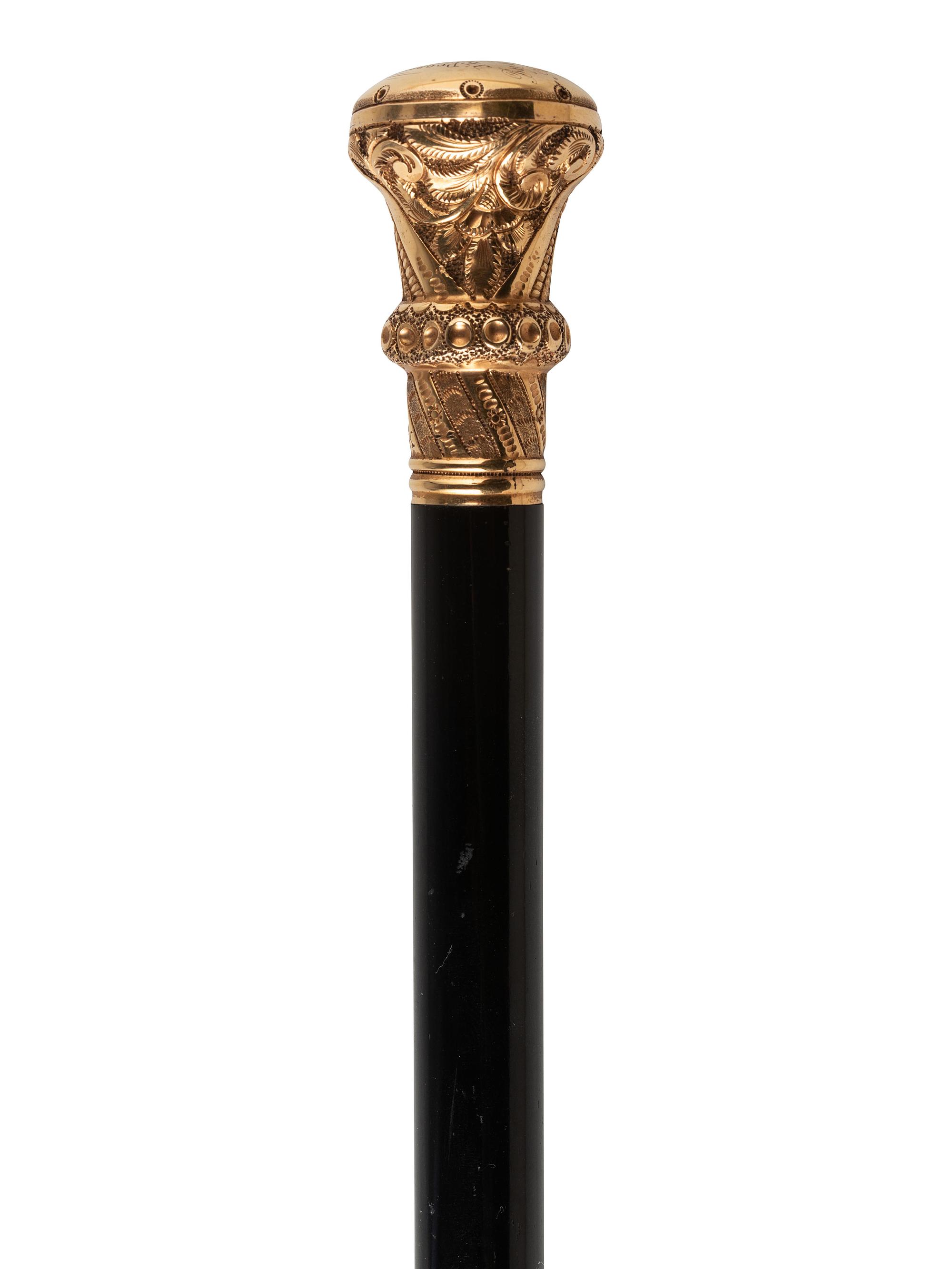 [TRANSPORTATION - RAILROAD]. Rhode Island Locomotive Works presentation walking stick with 18K gold knob.