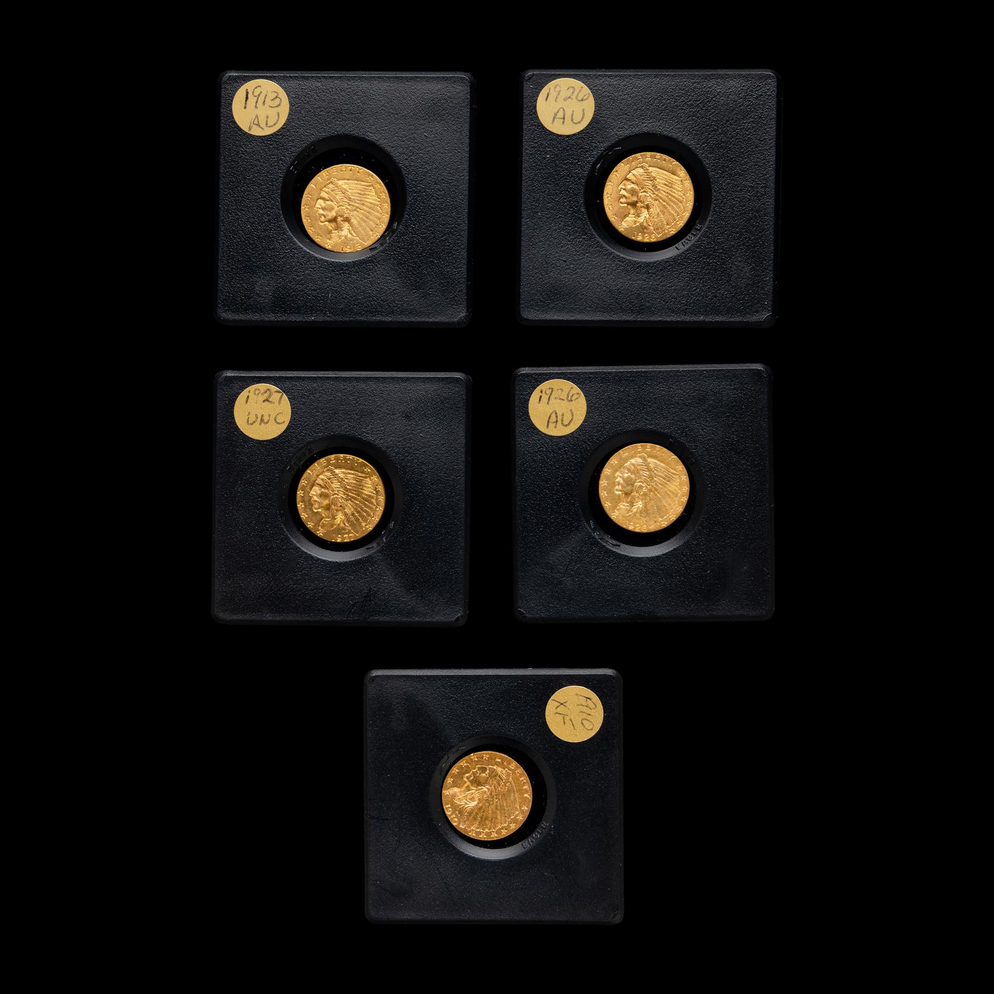 A Group of Five Indian Head $2.50 Gold Coins