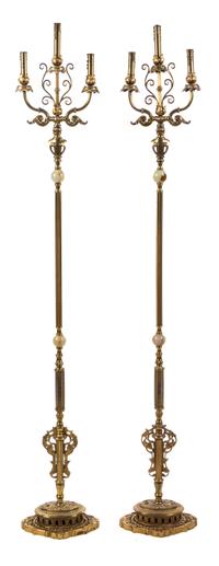 A Pair of Gilt Bronze and Onyx Three-Light Floor Lamps Height 68 1/2 inches.