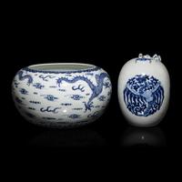 Two Chinese Blue and White Porcelain Globular Brush Washers, 20th Century — 近代 青花龍鳳紋水盂兩件