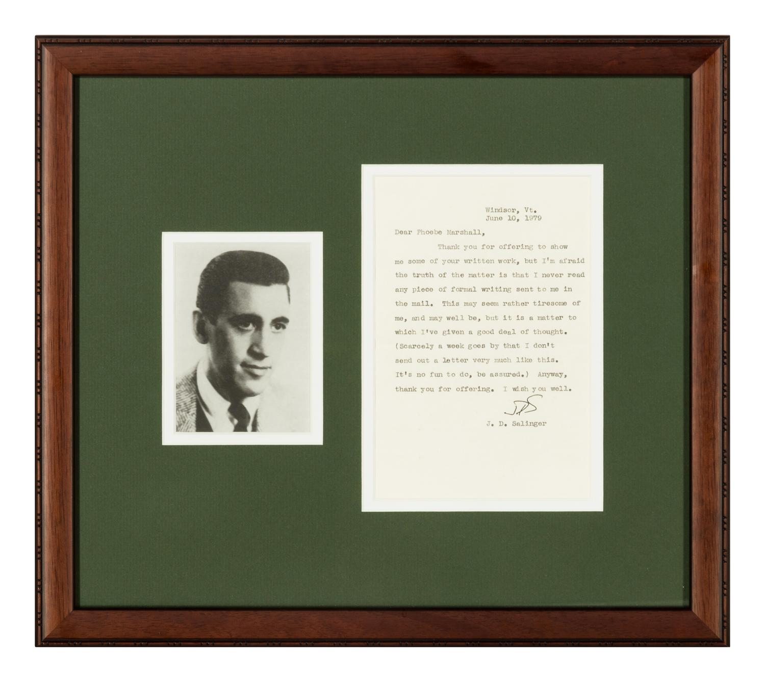 SALINGER, Jerome David (1919-2010). Typed letter signed ("JDS") to Phoebe Marshall, Windsor, Vermont, 10 June 1979.