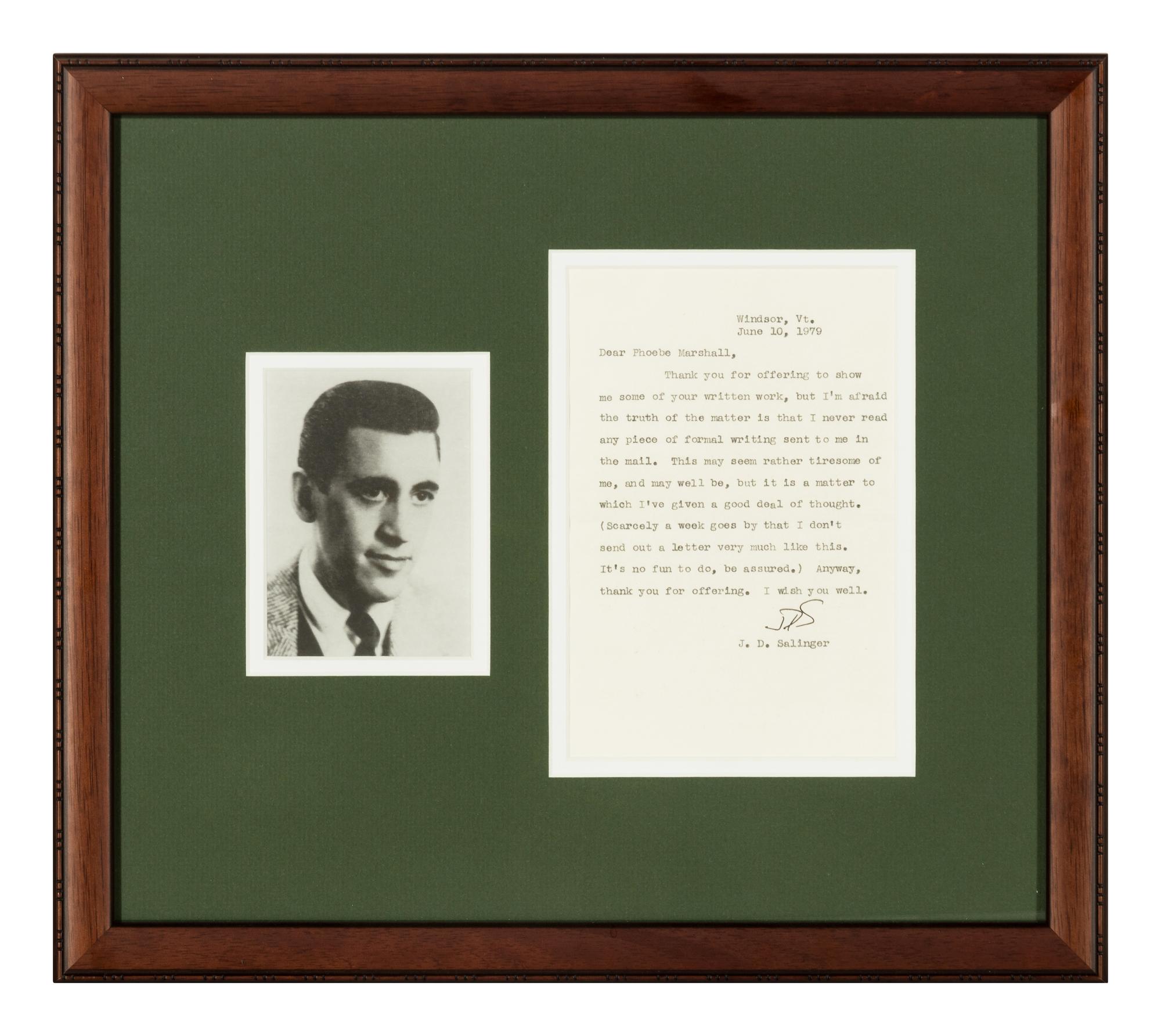 SALINGER, Jerome David (1919-2010). Typed letter signed ("JDS") to Phoebe Marshall, Windsor, Vermont, 10 June 1979.