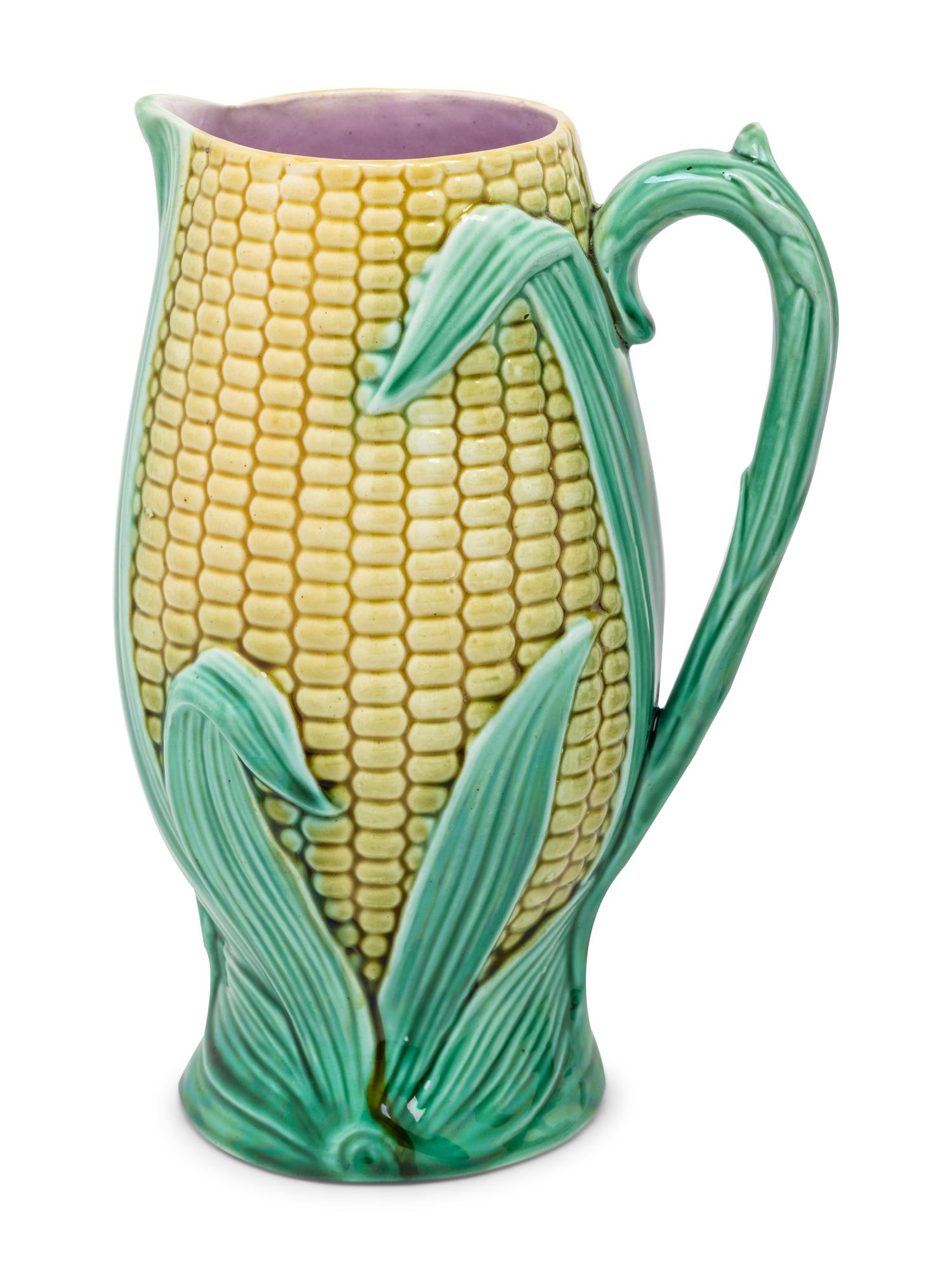 An English Majolica "Corn" Pitcher and an English Majolica "Dolphin" Tazza