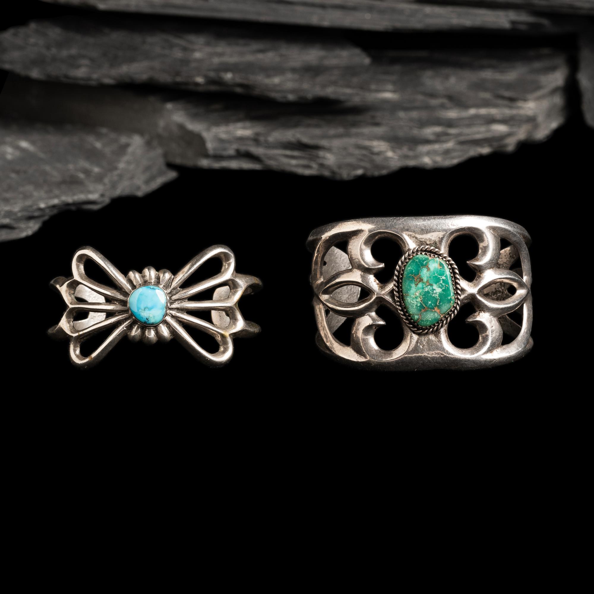 Navajo Sandcast Silver and Turquoise Cuff Bracelets