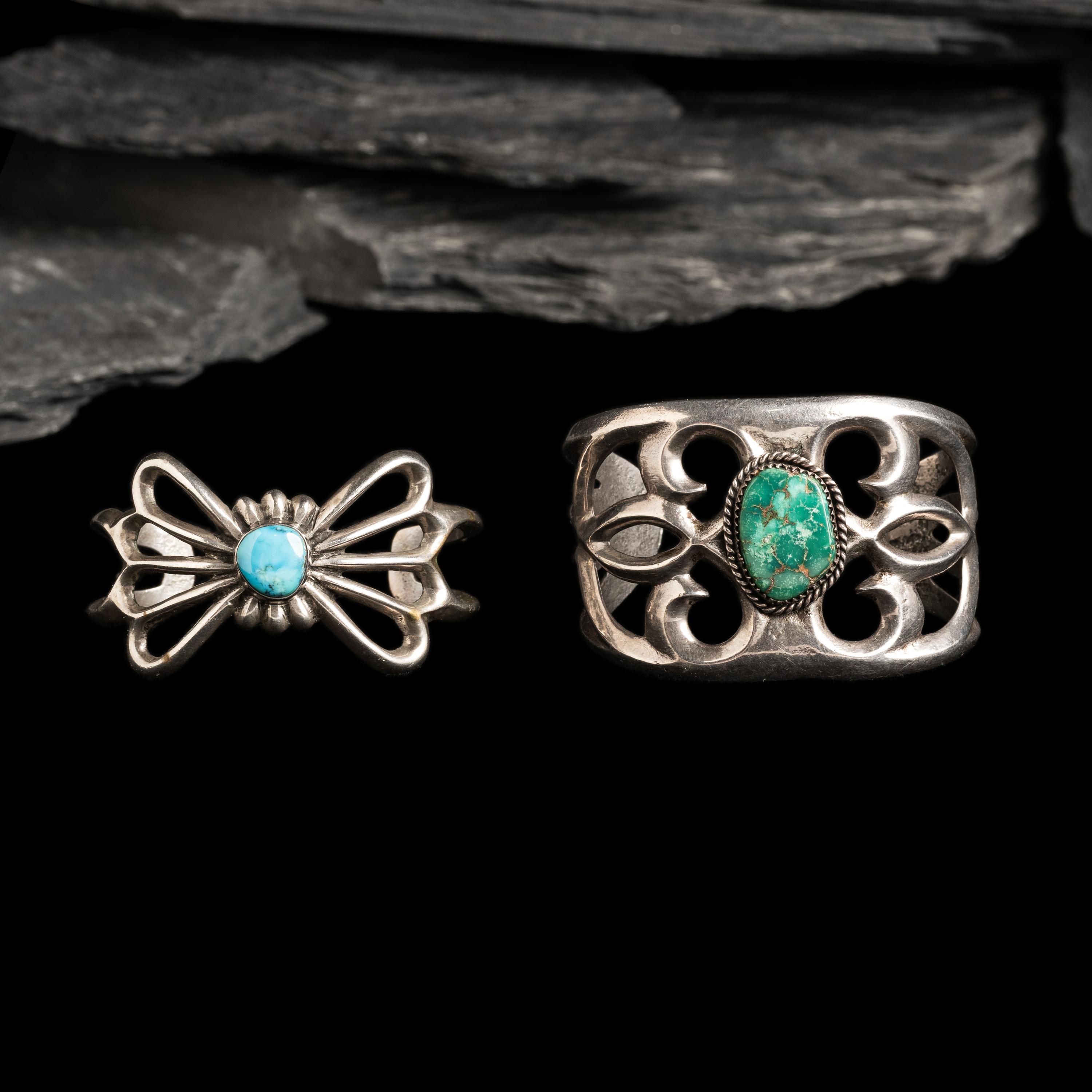 Navajo Sandcast Silver and Turquoise Cuff Bracelets