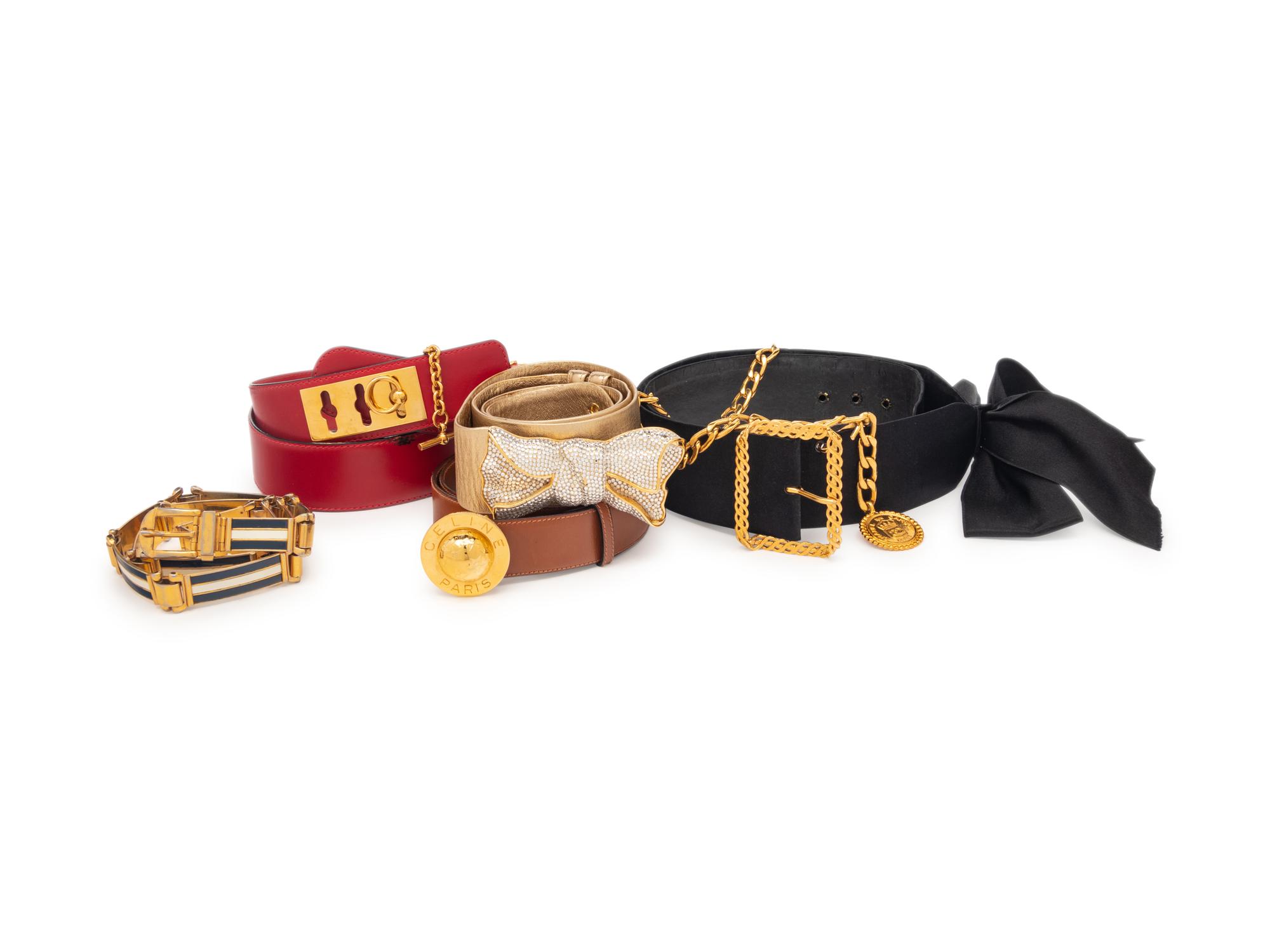 A Group of Five Designer Belts by Judith Leiber, Celine, Chanel, and Gucci
