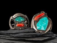 Pair of Navajo Turquoise and Coral Cuff Bracelets