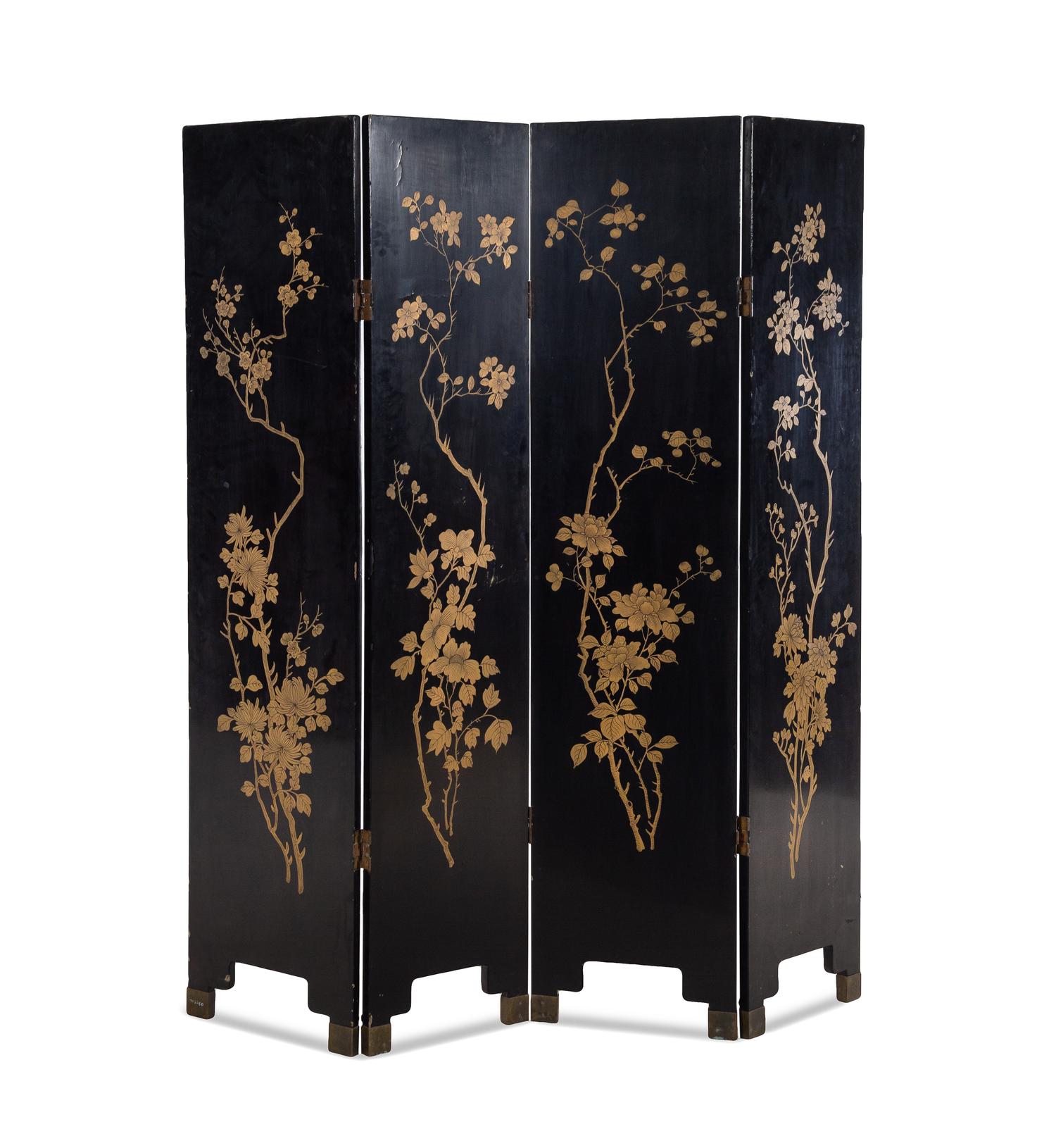 A Chinese Embellished and Black Lacquered Four-Panel Floor Screen