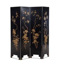 A Chinese Embellished and Black Lacquered Four-Panel Floor Screen
