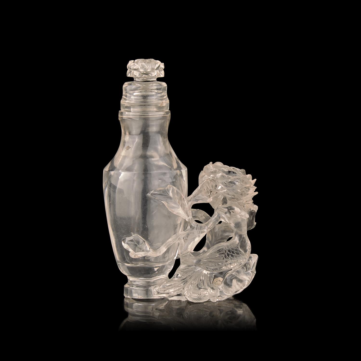 A Small Chinese Carved Rock Crystal Vase and Cover with Bird and Flowers, Qing Dynasty 清 水晶雕花鳥紋蓋瓶