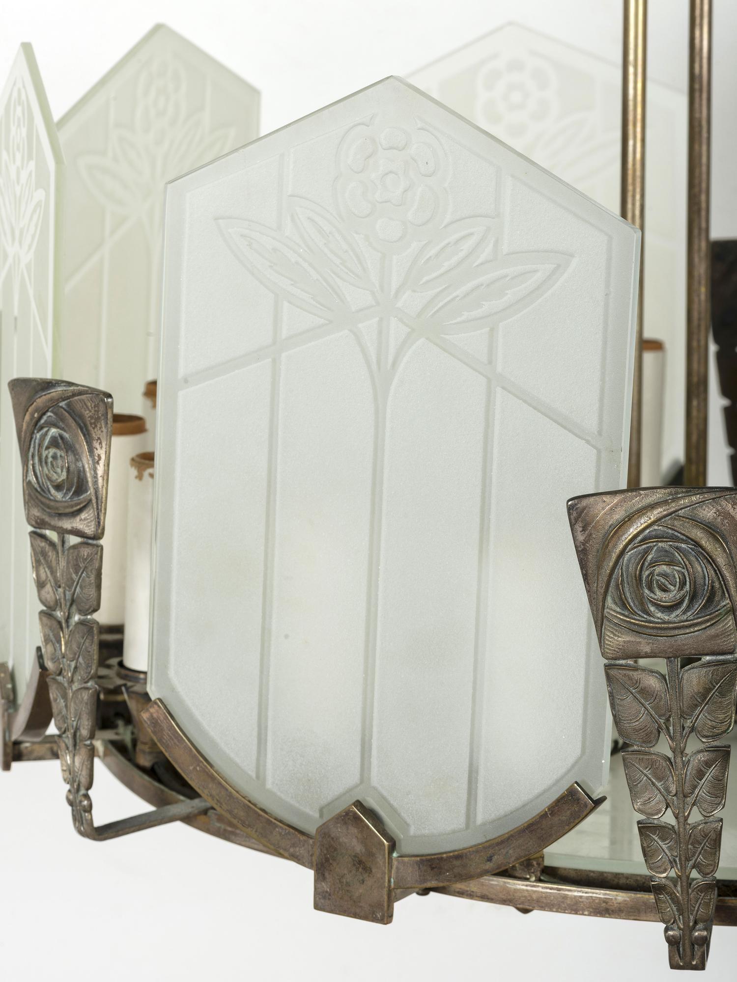 An Art Deco Glass and Nickel-Plated Bronze Chandelier