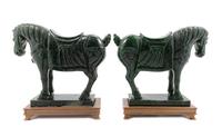 A Pair of Chinese Spinach Jade Models of Horses