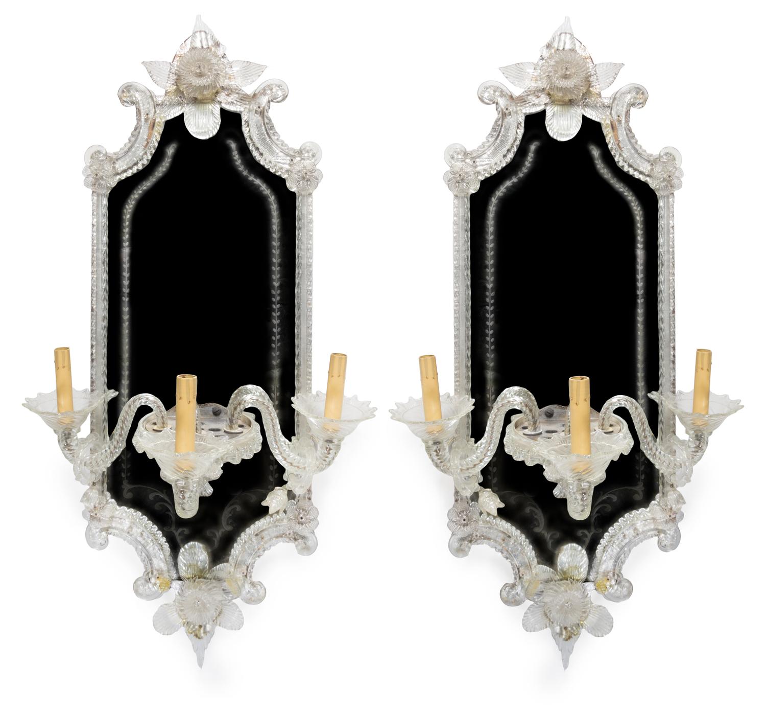 A Pair of Venetian Glass Girandole Mirrors Height 34 inches.