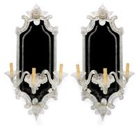 A Pair of Venetian Glass Girandole Mirrors Height 34 inches.