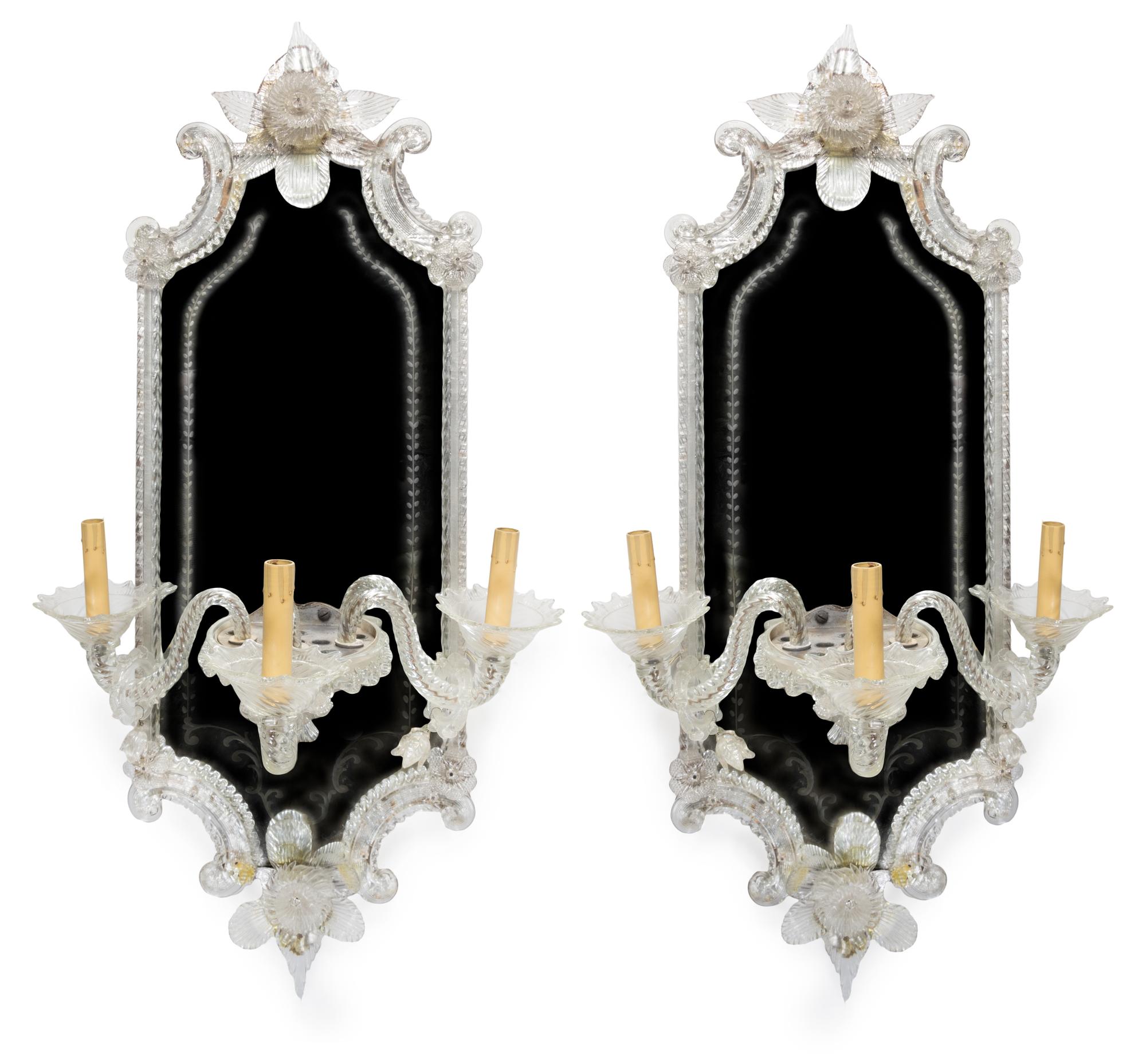 A Pair of Venetian Glass Girandole Mirrors Height 34 inches.