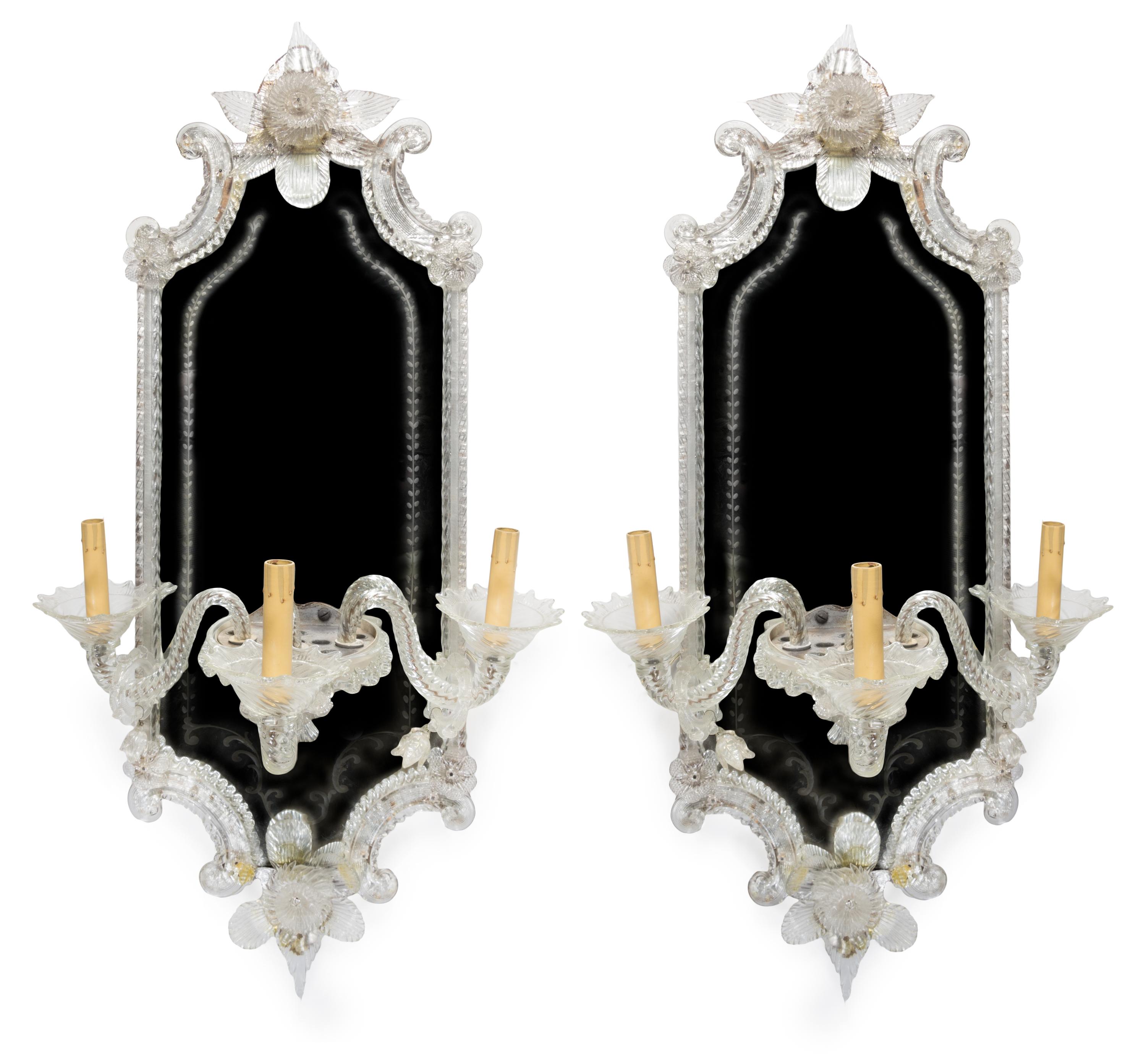 A Pair of Venetian Glass Girandole Mirrors Height 34 inches.