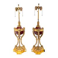 A Pair of Louis XVI Style Gilt Bronze Mounted Porcelain Urns