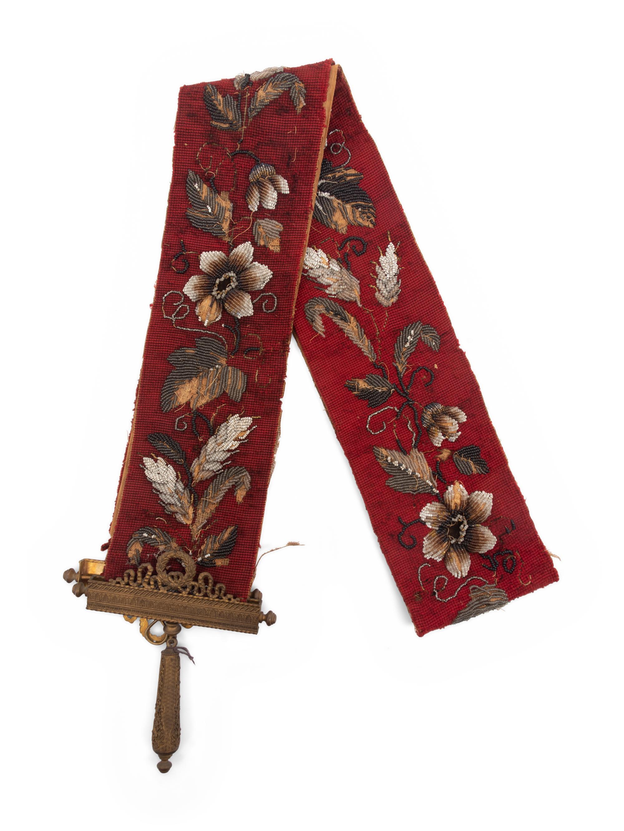 A Victorian Beaded Bell Pull with Bronze Mounts