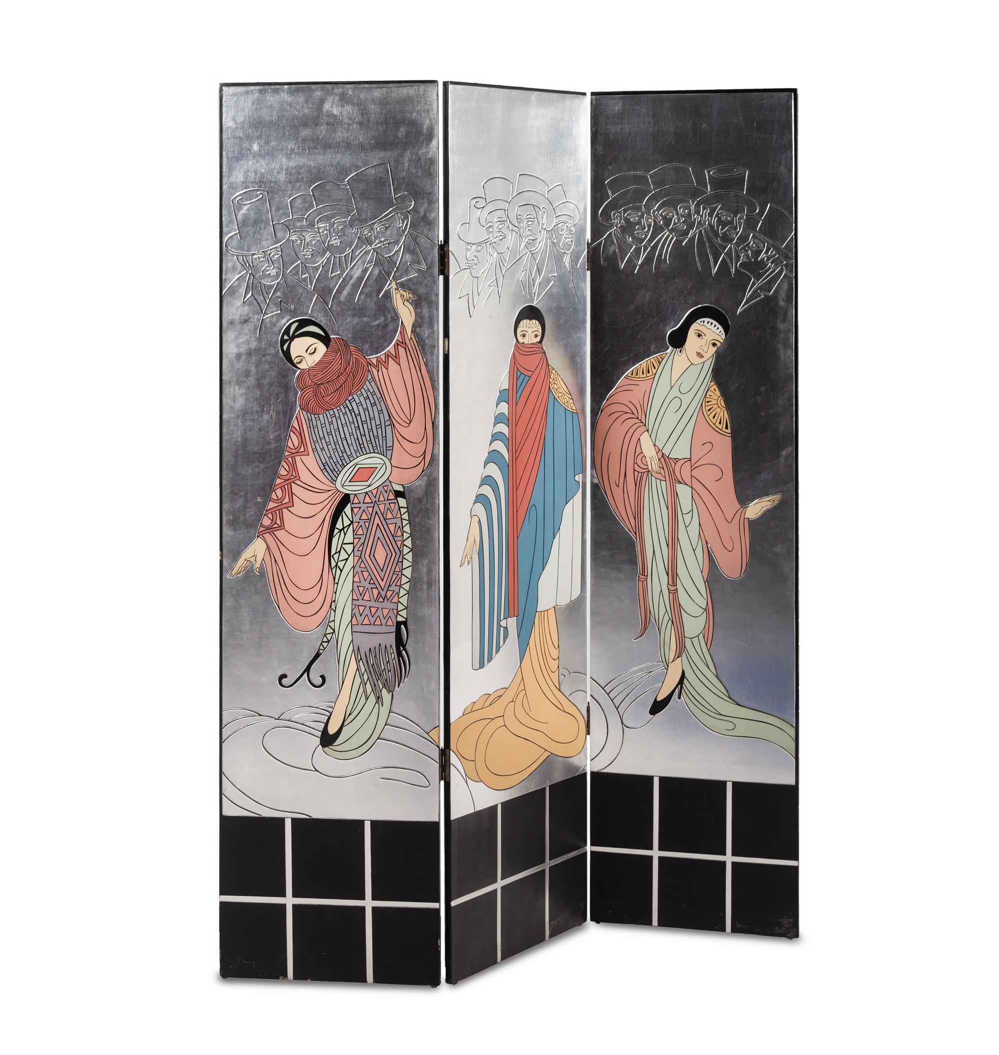 A Chinese Painted and Lacquered Three-Panel Screen