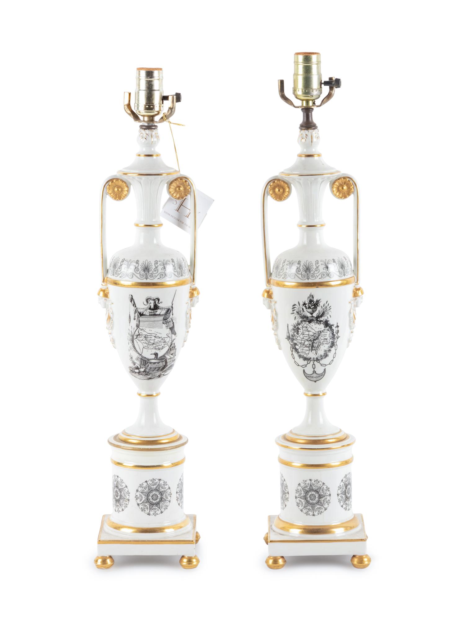 A Pair of Transfer Decorated Porcelain Lamps