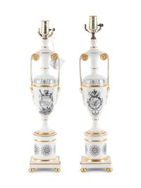 A Pair of Transfer Decorated Porcelain Lamps