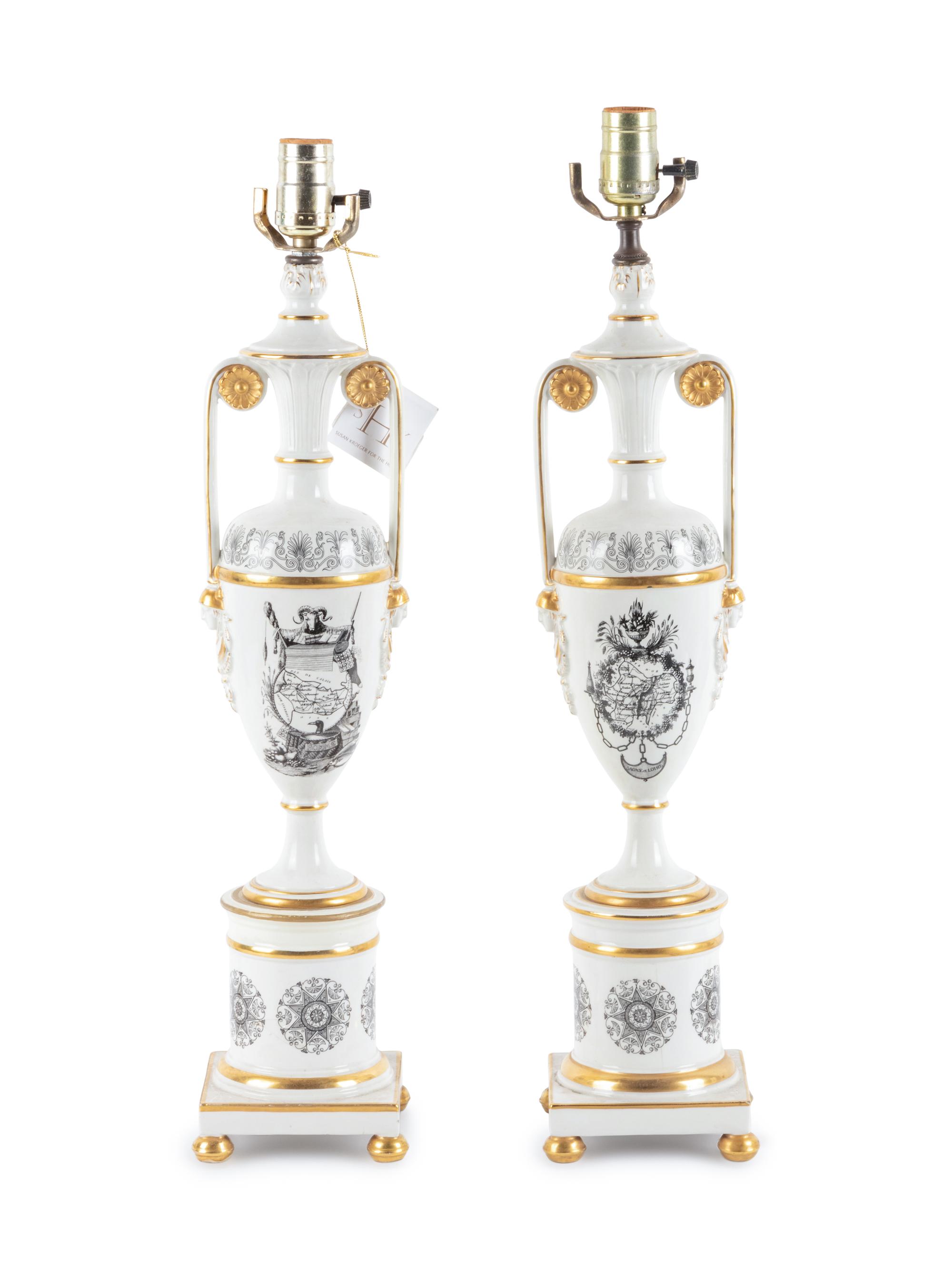 A Pair of Transfer Decorated Porcelain Lamps