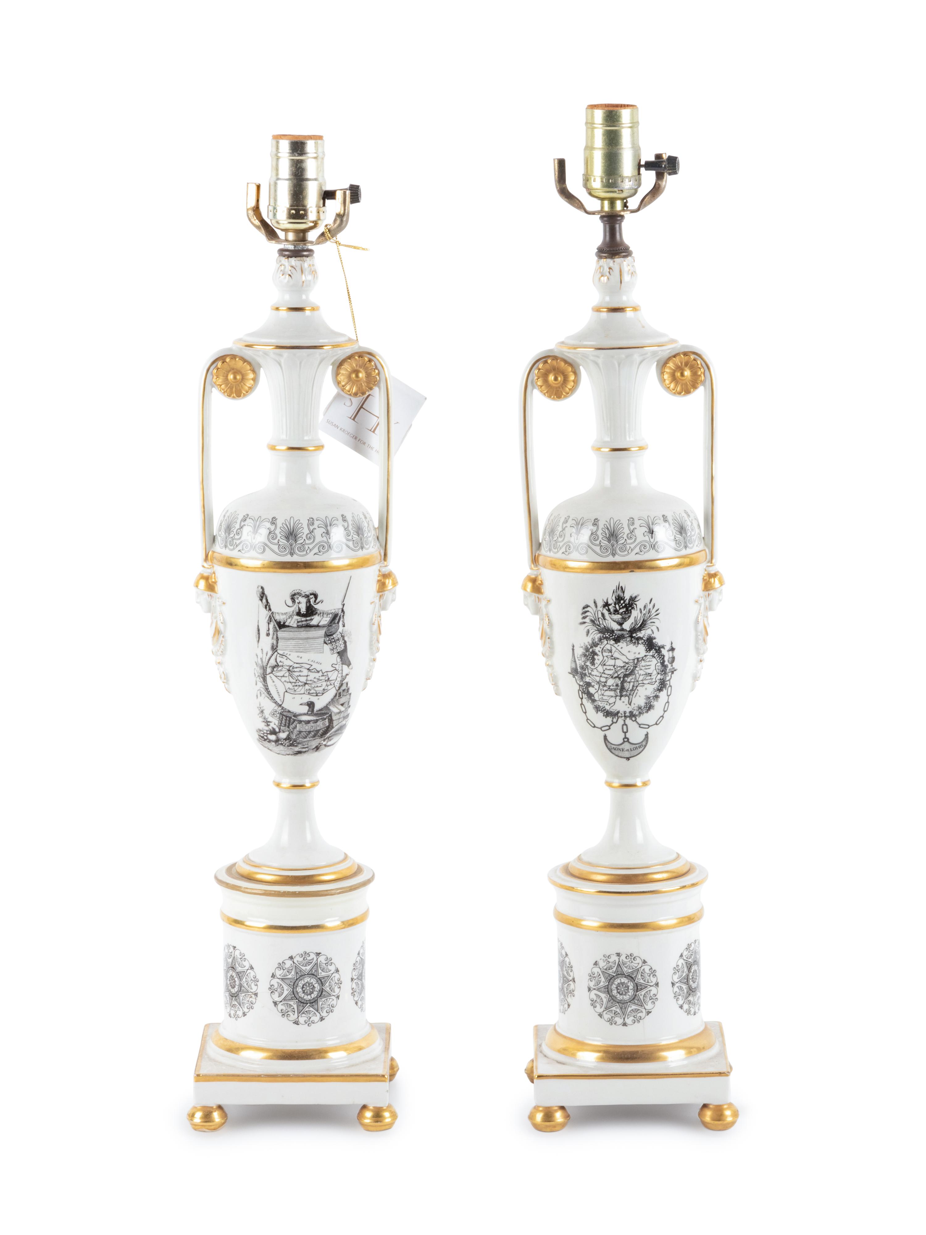 A Pair of Transfer Decorated Porcelain Lamps