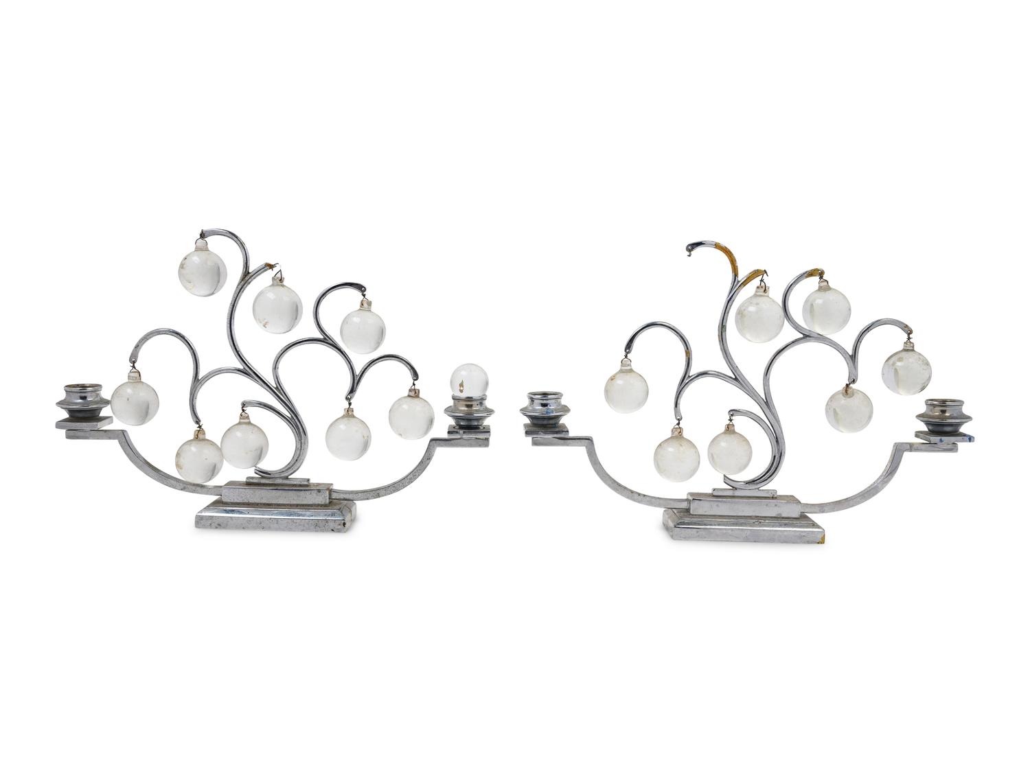 A Pair of Art Deco Silvered Metal and Glass Two-Light Candelabra