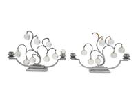 A Pair of Art Deco Silvered Metal and Glass Two-Light Candelabra