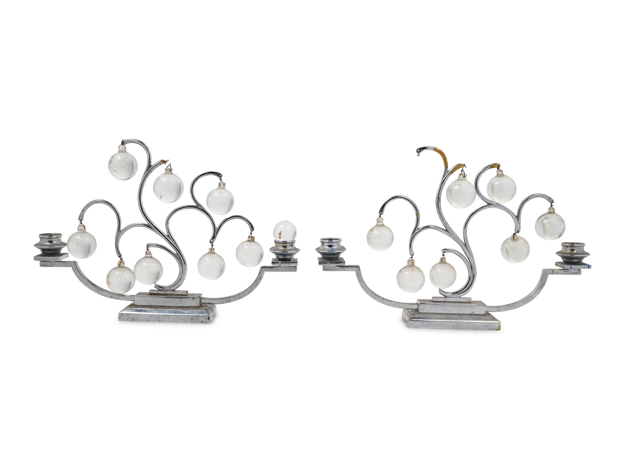 A Pair of Art Deco Silvered Metal and Glass Two-Light Candelabra