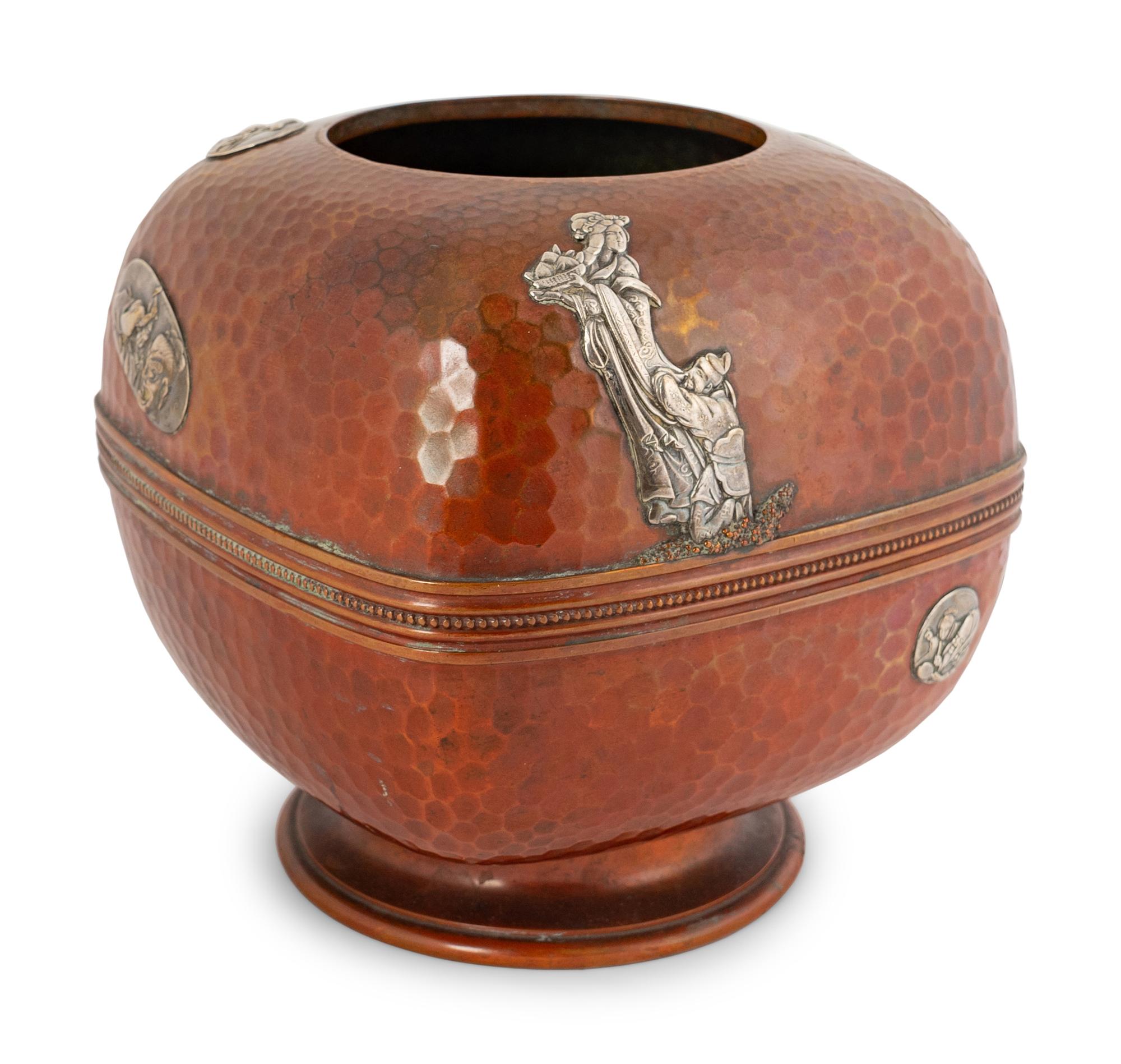 An American Japonesque Hammered Copper Vase with Silver Mounts — Gorham, 20th Century