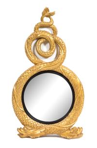 A Carved Gilt Cast Resin Double Dolphin-Form Convex Mirror Height 40 x width 23 inches. — 20TH CENTURY