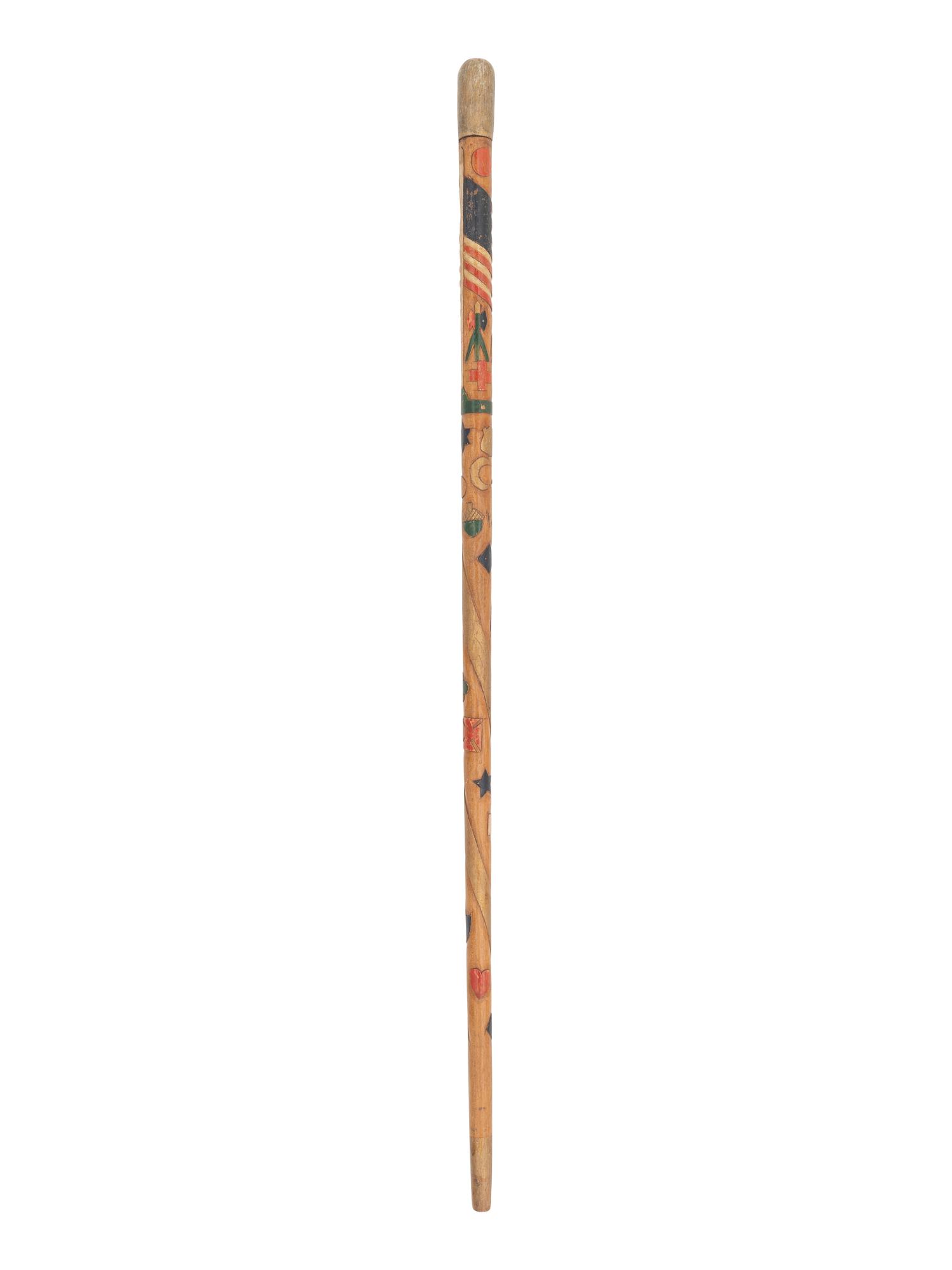 [CIVIL WAR]. Folk-art carved polychrome walking stick with patriotic motifs, incl. Army Corps badges.
