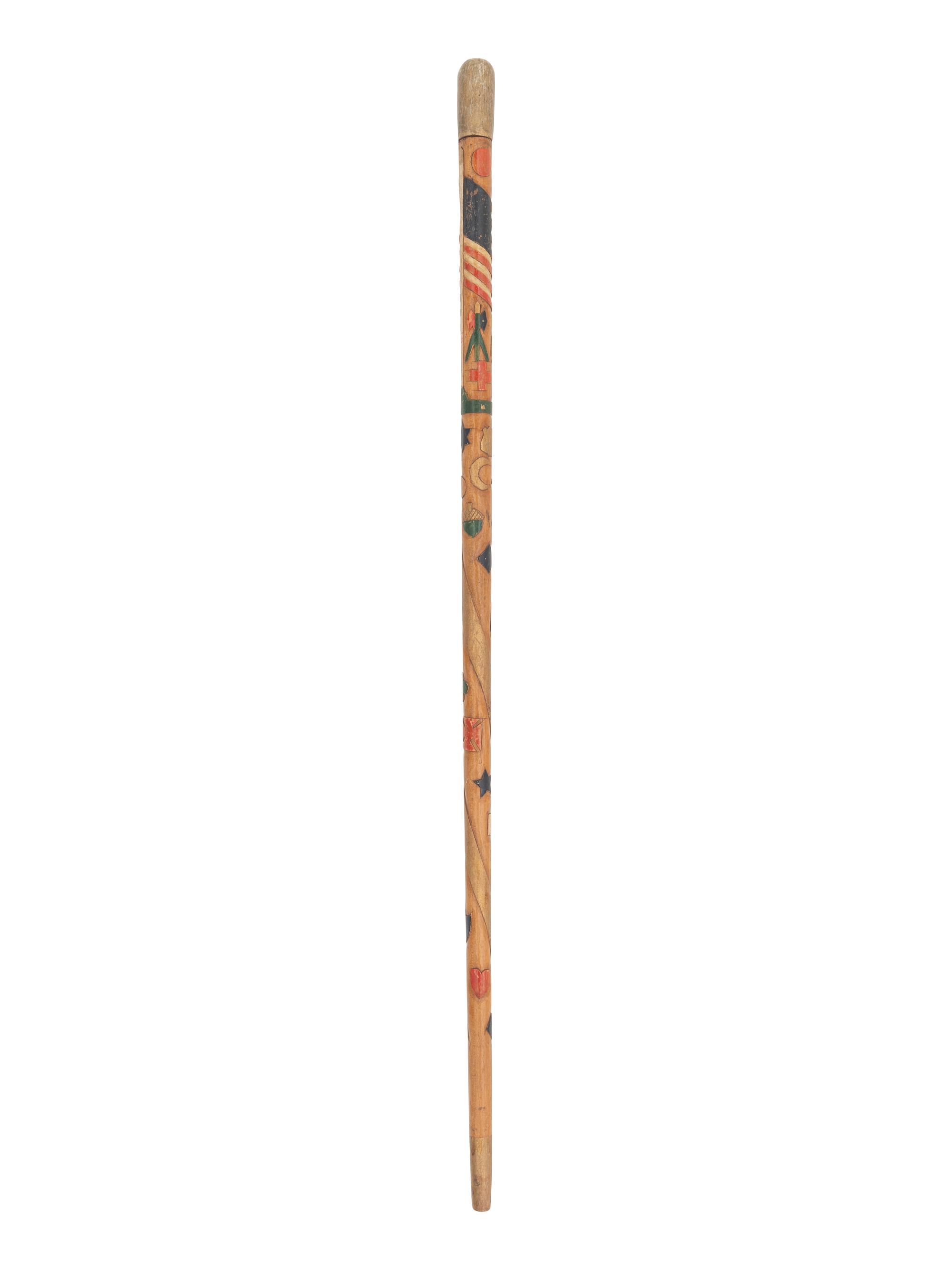 [CIVIL WAR]. Folk-art carved polychrome walking stick with patriotic motifs, incl. Army Corps badges.