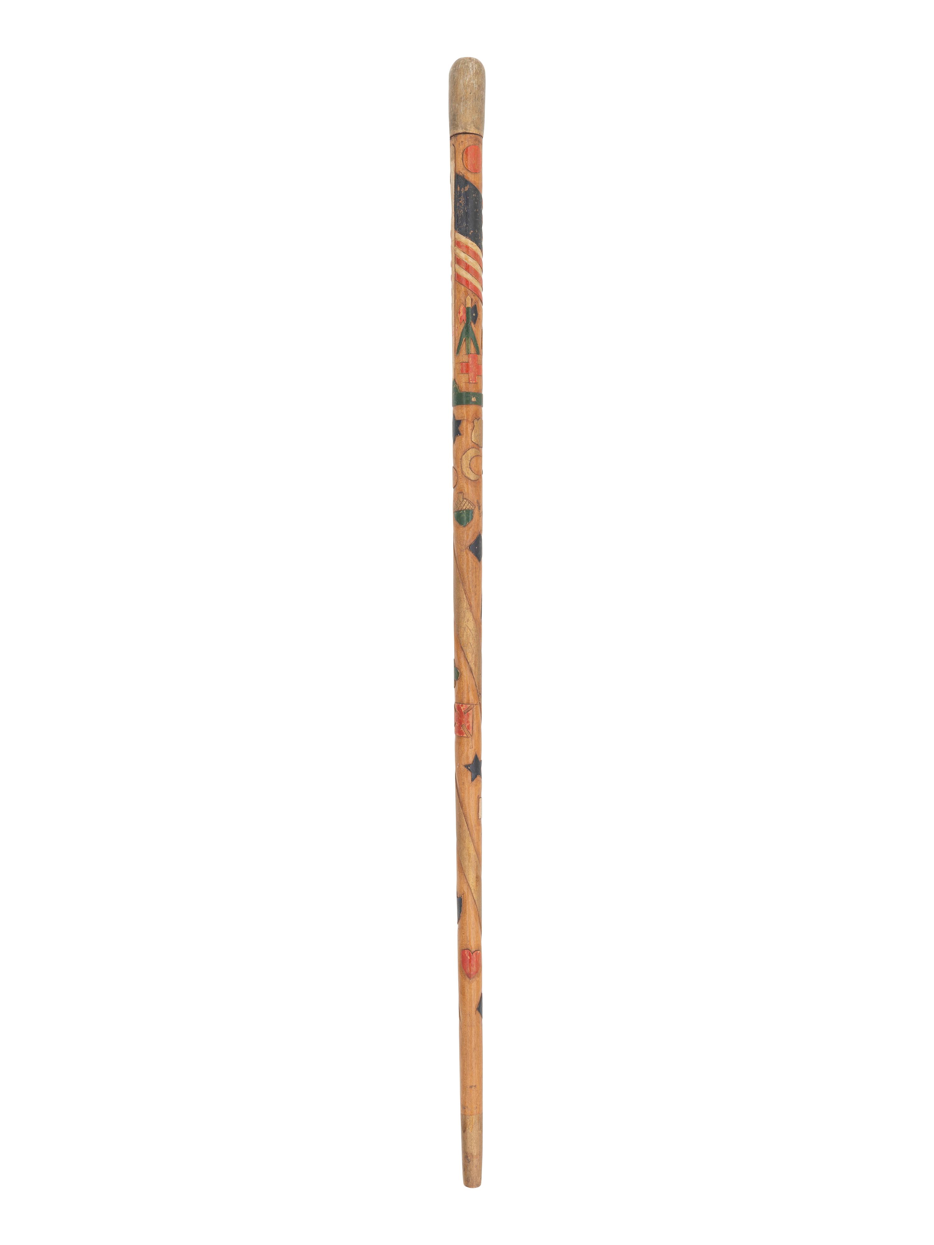 [CIVIL WAR]. Folk-art carved polychrome walking stick with patriotic motifs, incl. Army Corps badges.