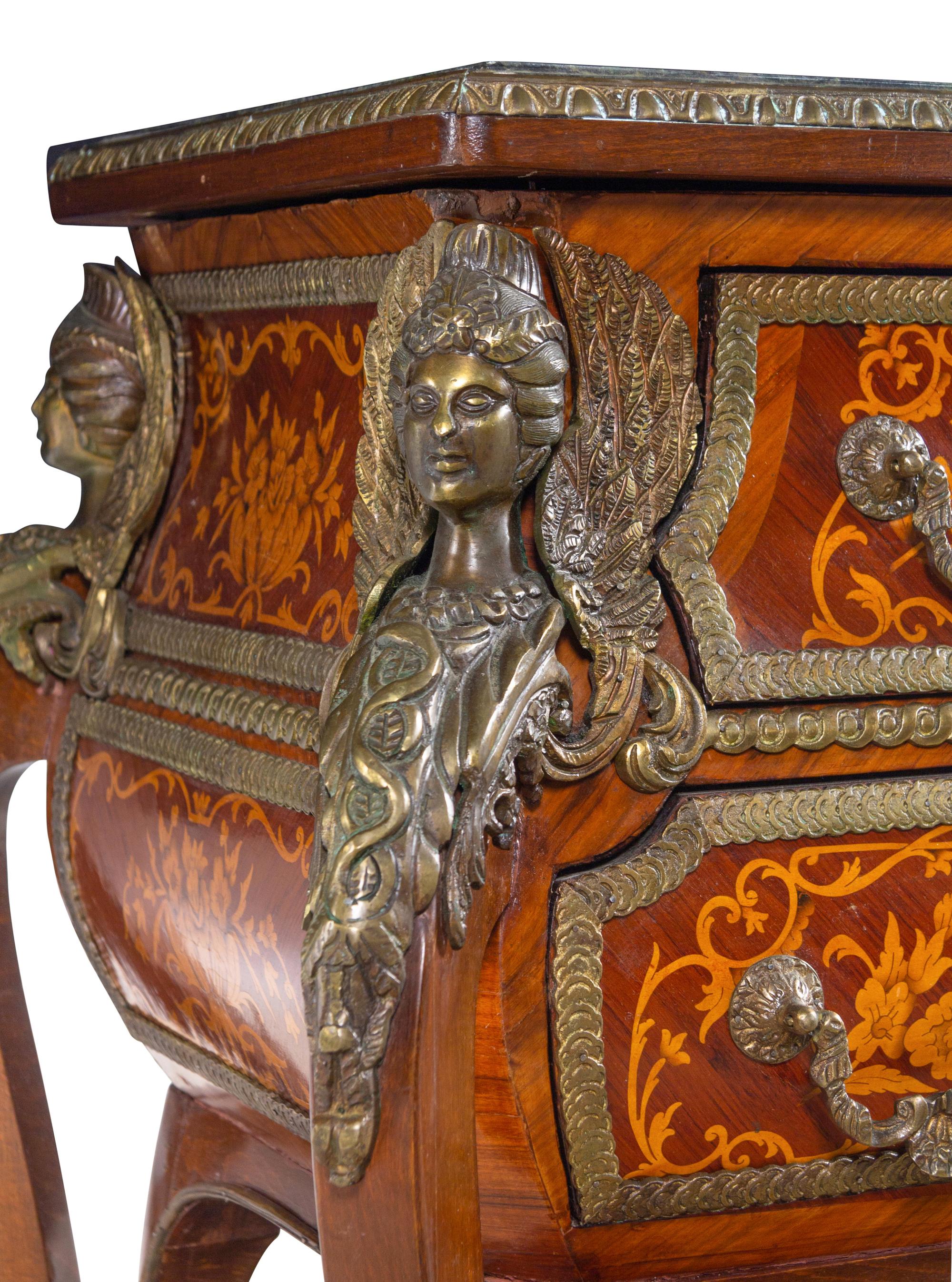 A Louis XIV Style Gilt Bronze Mounted Marquetry Marble-Top Commode After the Model by André-Charles Boulle