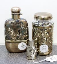 Three Silver Overlay Glass Articles Height of first 5 1/4 inches. — EARLY 20TH CENTURY