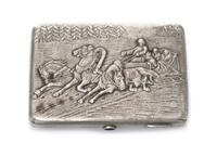 A Russian Silver Cigarette Case, Makers mark KK, Moscow, the lid worked to show a winter landscape centered by riders in a troika, havi