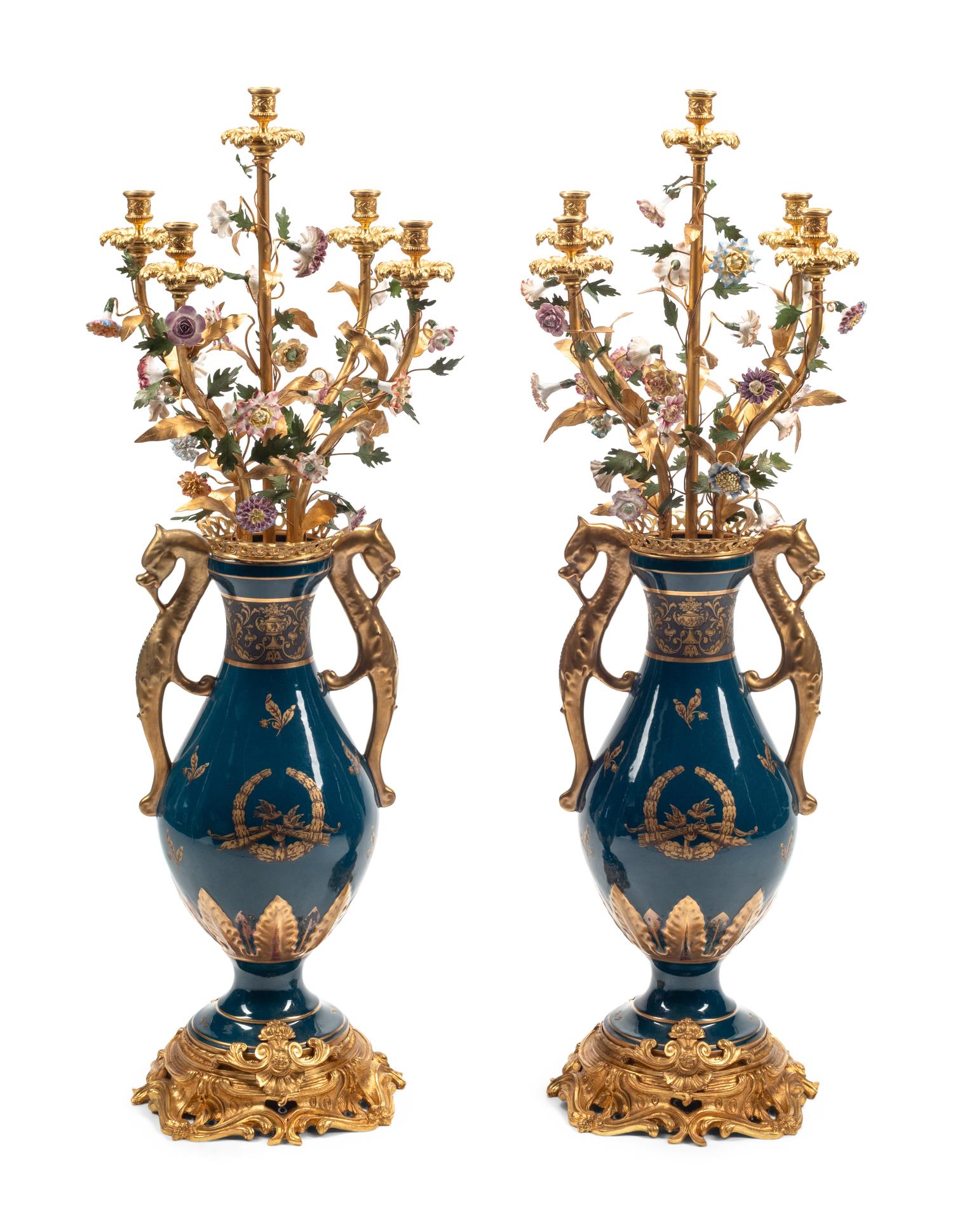 A Pair of Large Continental Gilt Bronze and Porcelain Five-Light Candelabra